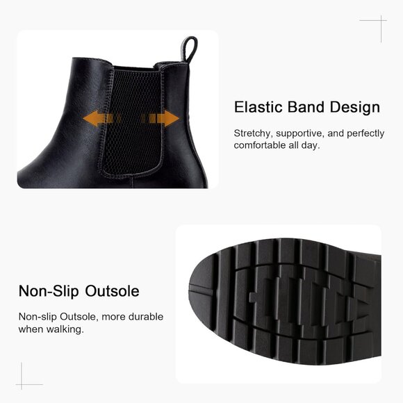 Vepose Women's Black Faux Leather Chunky Heel Chelsea Ankle Pull-On Booties - Picture 6 of 9